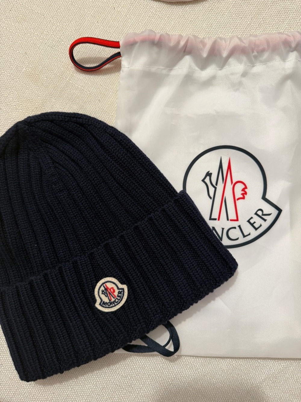 Moncler Navy Ribbed Knit Cuffed Beanie with Logo Patch